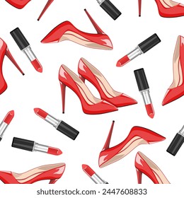 Seamless pattern of red lipstick and red high-heeled shoes on a white background.Vector pattern for textiles,backgrounds,supermarket designs.