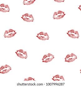 Seamless pattern of red lipstick kiss on white background. Printing of the lips. Vector Festive poster, banner for design. Flat illustration in grunge style.