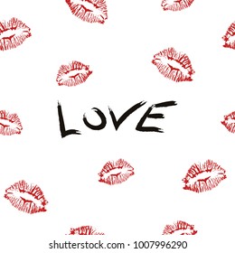 Seamless pattern of red lipstick kiss on white background. Printing of the lips. Vector Festive poster, banner for design. Flat illustration in grunge style.