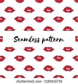 Seamless pattern Red lipstick kiss on white background. Vector flat illustration for design. Printing of the lips.