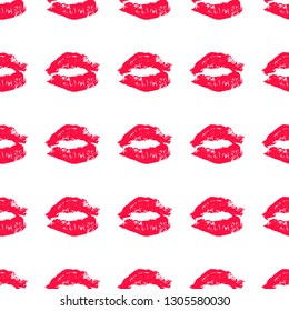Seamless pattern red lipstick kiss on white. Lips prints vector illustration. Perfect for Valentines day postcard, greeting card, textile design, wrapping paper, etc. 