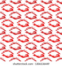 Seamless pattern red lipstick kiss on white background. Lips prints vector illustration. Perfect for Valentines day postcard, greeting card, textile design, wrapping paper, cosmetics package, etc.