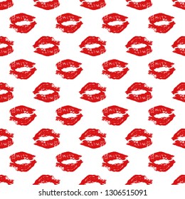 Seamless pattern red lipstick kiss on white.Perfect for Valentines day postcard, greeting card, textile design, wrapping paper, etc.  Lips prints vector illustration. 
