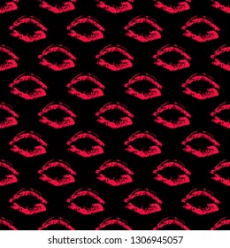 Seamless pattern red lipstick kiss on black background. Lips prints vector illustration. Perfect for Valentines day postcard, greeting card, textile design, wrapping paper, etc.