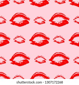 Seamless pattern red lipstick kiss on pink background. Lips prints vector illustration. Perfect for Valentines day postcard, greeting card, textile design, wrapping paper, etc.