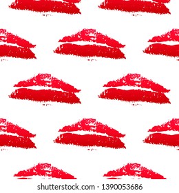 Seamless pattern red lipstick kiss on white background. Grunge lips prints vector illustration. Perfect for Valentines day postcard, clothes, textile design, wrapping paper, cosmetics package, etc.