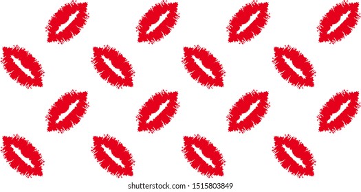 Seamless pattern of red lipstick kiss on white background. Love concept
