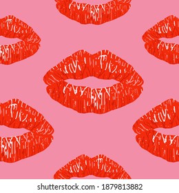 Patrón sin foco. Besos rojos de lápiz labial en un fondo rosado. Los labios femeninos lúcidos, sensuales, hermosos y sexys. Besos. Ilustración vectorial de moda para diseño de vacaciones, impresión en tela, papel. Día de San Valentín
