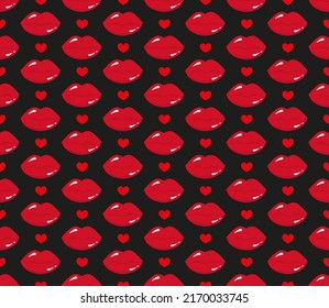 Seamless pattern Red lipstick kiss on black background. Vector flat illustration for design. Printing of the lips. eps 10