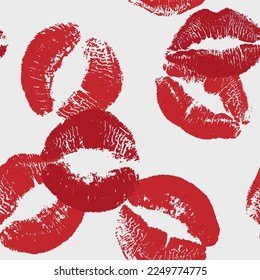 Seamless pattern Red lipstick kiss on white background. Vector flat illustration for design. Printing of the lips.