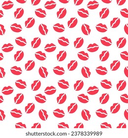Seamless pattern Red lipstick kiss on white background. Vector flat illustration for design. Printing of the lips.