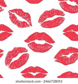 Seamless pattern Red lipstick kiss on white background. Vector flat illustration for design. Printing of the lips. For print, fabric, invitation, brochure, card, wallpaper 