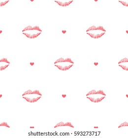Seamless pattern with a red lipstick kiss prints with hearts on white background. Vector illustration.