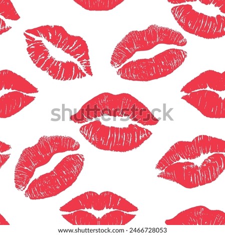 Seamless pattern Red lipstick kiss on white background. Vector flat illustration for design. Printing of the lips. For print, fabric, invitation, brochure, card, wallpaper 