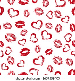 Seamless pattern red lipstick kisses and hearts  on white background. Lips prints vector illustration. Perfect for Valentines day greeting card, textile design, wrapping paper, cosmetics package, etc.