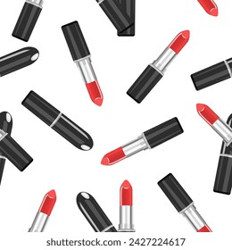 Patrón sin costuras lápiz labial rojo sobre un fondo blanco. Patrón de cosméticos vectoriales para textiles, fondos, envases.
