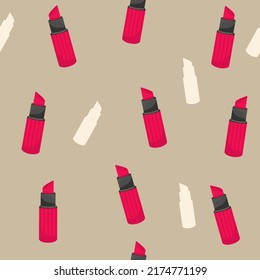Seamless pattern with red lipstick vector . Colored background with accessories. Pink lipstick on pastel background. Vector illustration