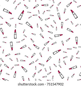 Seamless pattern with red lipstick. Vector illustration. Doodle sketch.