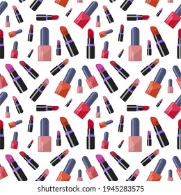 Seamless pattern of red lipsticks and nail polishes on a white background. Vector pattern in flat cartoon style for beauty salons and wrapping paper