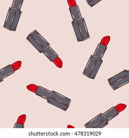Seamless pattern with red lipsticks on pastel beige background. Hand drawn vector illustration.