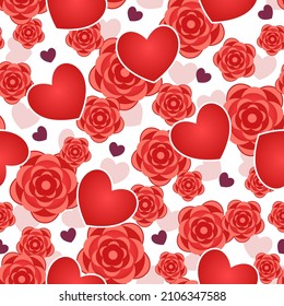 Seamless pattern with red and little purple hearts, roses.