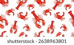 Seamless pattern of red lobsters and crabs on a white background. Ideal for seafood-related designs, restaurant branding, kitchen decor, or marine-themed artistic projects