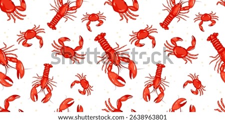 Seamless pattern of red lobsters and crabs on a white background. Ideal for seafood-related designs, restaurant branding, kitchen decor, or marine-themed artistic projects
