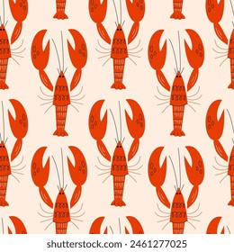 Seamless pattern with red lobsters. Modern background. Vector illustration 