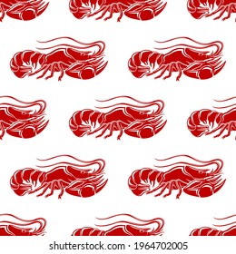 Seamless pattern with red lobsters on white background.