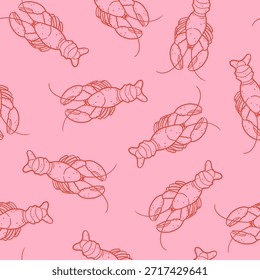 Patrón sin fisuras con langostas rojas sobre un fondo rosa. Ilustración vectorial dibujada a mano para papel de embalaje, textil, tela.