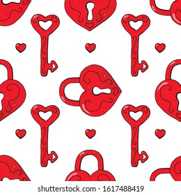 Seamless pattern with red lock and key in the form of a heart. Romantic endless textures for wedding design, valentines day, love cards. For fabric, wallpaper, covers.