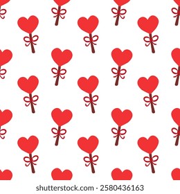 Seamless Pattern. Red lollipop in the shape of a heart with a ribbon. Dessert for valentine day. Vector flat illustration.