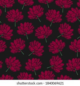 Seamless pattern of red lotus on a black background, stencil, red flowers, petals, flat style, print, wallpaper, gift paper, ornament, decor, decorative, dark, gothic, botanical, sea ​​flowers, swamps