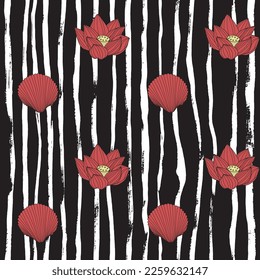 Seamless pattern of red lotuses on the black and white hand drawn with dry brush background. Can be used for a textile design, wrapping paper, wallpapers.