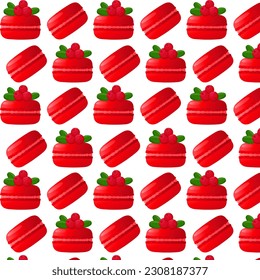 Seamless pattern red macarons and macarons with berries.For posters, logos, labels, banners, stickers, product packaging design, etc. Gradient macarons. Vector illustration.