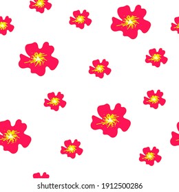 Seamless pattern red mallows isolated on white backdrop. Simply girly floral print. Drawn summer bloom for wallpaper or fabric textile. Garden flowers ornament, vector design eps 10