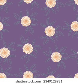 Seamless pattern with red marigolds and green leaves in a flat style isolated on purple background