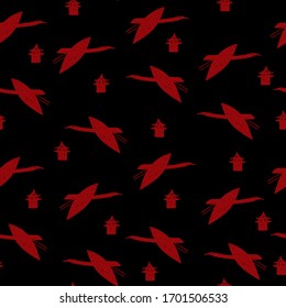 Seamless pattern red maroon cranes swans, herons birds fly, pagoda black sky, simple lines scandinavian style background. trend of the season. Can be used for Gift wrap fabrics, wallpapers. Vector