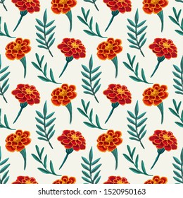 Seamless pattern of red Marygold flowers and leaves in hand painted style