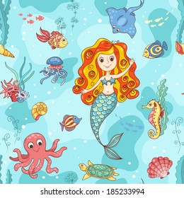 Seamless pattern with red mermaid. Vector cartoon illustration.