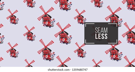 Seamless pattern with red mill cafe. French symbols hand drawn illustrations. Watercolor style vector background.