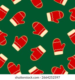 Seamless pattern of red mitten cookies on green, playful winter repeat for wrapping, textiles, cards, and festive backgrounds.
