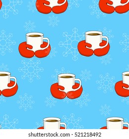 Seamless pattern of red mittens holding mug of tea, coffee. White snowflakes on a blue background. Hand drawing cup of tea, coffee. Vector illustration hot drink and red mittens. Winter Christmas card