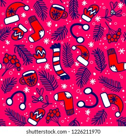 Seamless pattern with red mittens, socks, hats and evergreen branches on bright pink background. Vector pattern for Christmas, New Year's Day, Winter Holidays for gift wrapping paper, textille