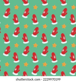 Seamless pattern with red mittens and stars. Festive background for packaging, fabrics and any designs. Vector illustration in a flat style.