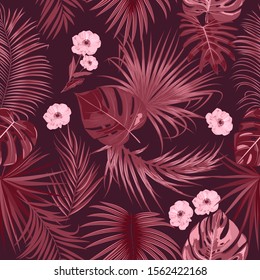 Seamless pattern with red monochrome tropical jungle palm tree leaves. Botanical vector background.