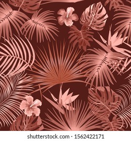 Seamless pattern with red monochrome tropical jungle palm tree leaves. Botanical vector background.