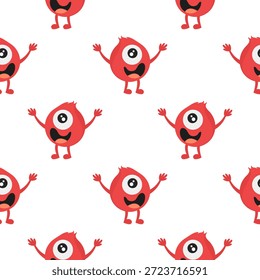 seamless pattern of red monster illustrations with cute and cheerful faces