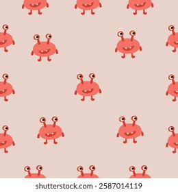 Seamless pattern with red monsters with antennae and round bodies on a light beige background. Cute and quirky design