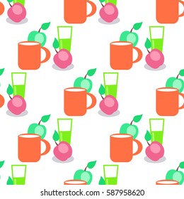Seamless pattern with red mug, half full glass and apples. Apple juice concept. Endless texture with fruits and crockery isolated on white. For kitchen wallpaper, wrapping paper or fabric for children
